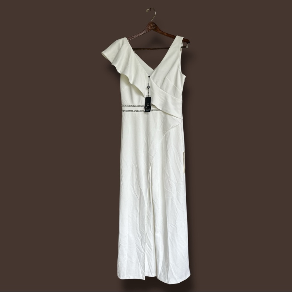NWT Adrianna Papell Ivory Crepe One-Shoulder Bridal Jumpsuit w Crystal Waist (8)